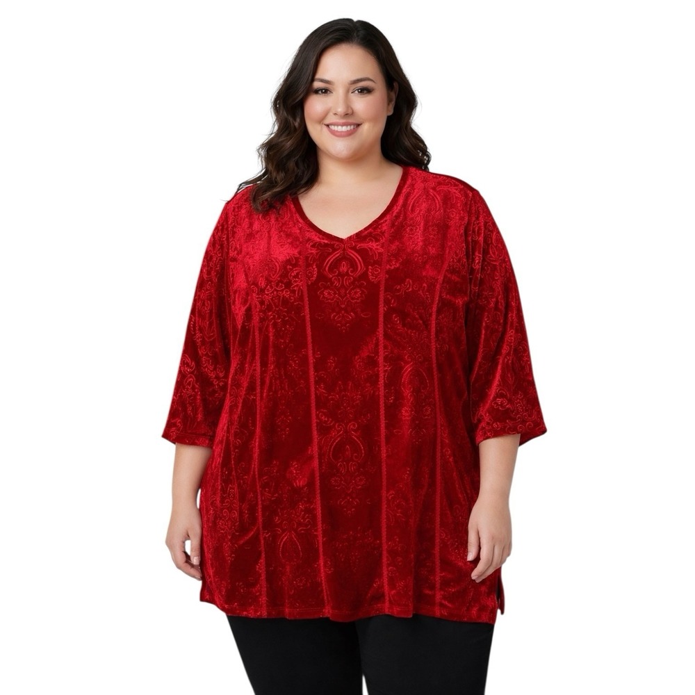 New Catherine's Women 3X 26/28W Velour Top Red Damask Holiday 3/4‎ Sleeve Blouse